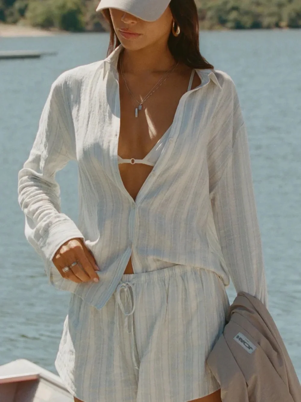 Joah Brown NWT Classic Button Down Natural White & Blue Stripe Gauze
